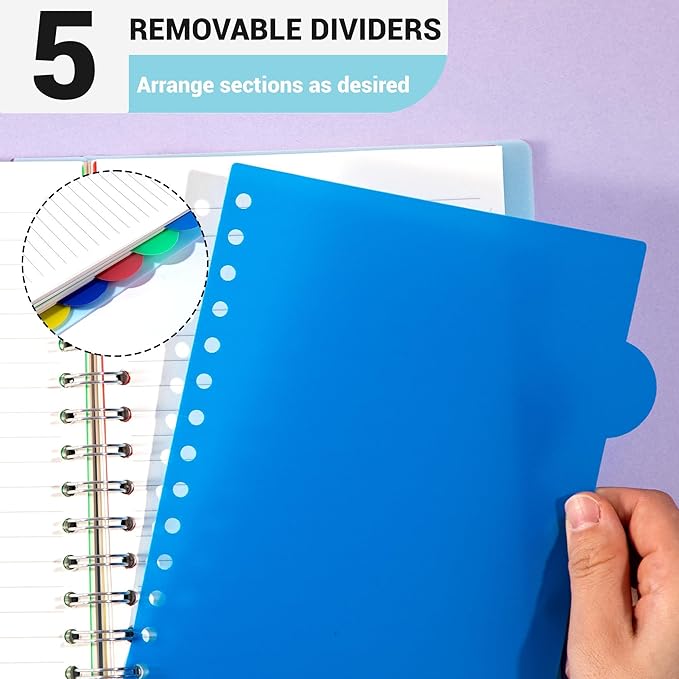 FLYING EAGLE 5 Subject Notebook Wide Ruled Spiral Notebook 5x7, A5 Small Notebook with Remoable Dividers, Hardcover Notebooks for Work, 204 Pages Lined Journal for Women,Teal Blue