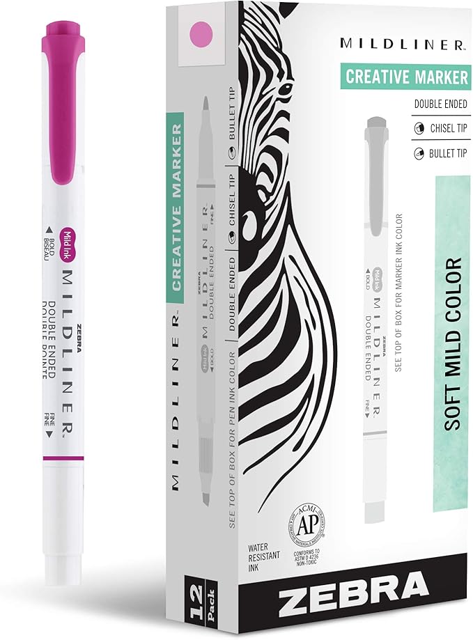 Zebra Pen Mildliner Dual-Tip Highlighters, Broad and Fine Tips, Ideal for Bible Highlighting, No Bleed, School Supplies, Teacher Supplies, and Office Supplies, Mild Fuchsia Ink, 12-Pack (78470upc)