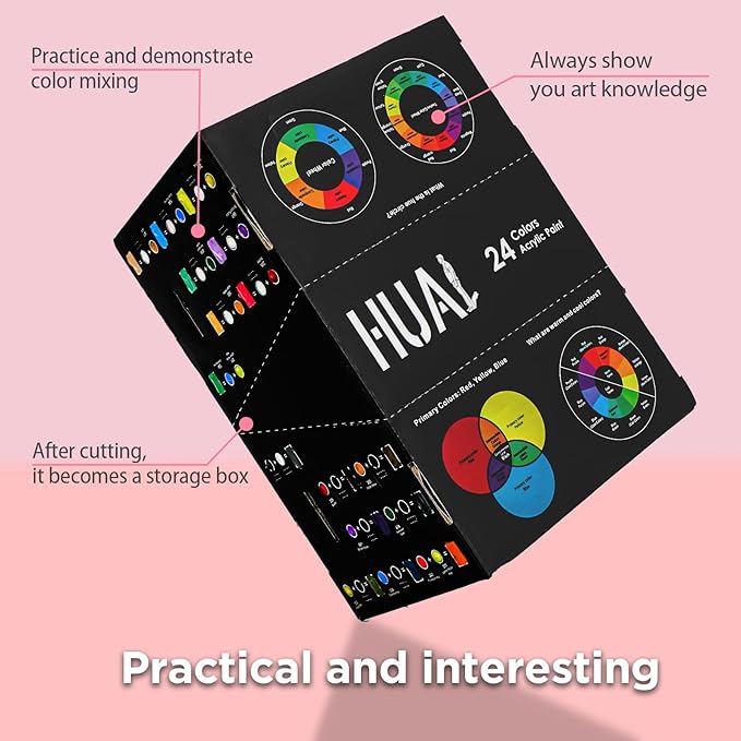 HUAL Acrylic Paint Set with 5 Brushes, 24 Colors (60ml, 2oz) for Artists Kids Beginners & Painters,Model/Canvas/Rock/Fabric/Glass/Stone/Ceramic/Wood Painting, Non Toxic