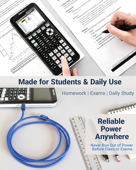 Mini USB Charger Cable for Texas Instruments Calculators, TI-84 Plus CE, TI-84 Plus C Silver Edition, TI-Nspire CX CAS, USB Charging & Data Sync, Nylon Braided 3.3FT (Blue)