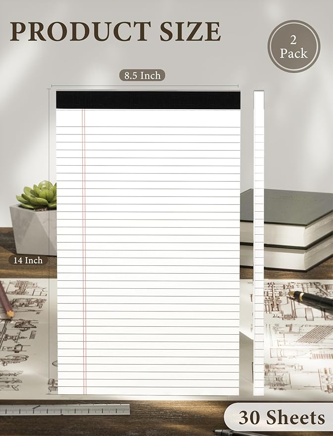 Legal Pads 8.5 x 14 White Wide Ruled, 2 Pack Legal Note Pads 8.5 x 14 Notepad, Lined Paper Pads 8.5x14, Lined Tablets Writing Pads, Lined Writing Note Pad, White 70 GSM Pads Of Paper, 30 Sheets/Pad