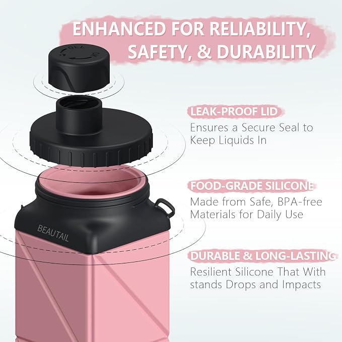 BEAUTAIL Collapsible Water Bottles 21 oz, Silicone Portable Water Bottle | BPA Free, Leakproof & Reusable, Foldable Water Bottle for Travel, Hiking, Camping, Cycling, School, Gym, 1-Pack, Pink