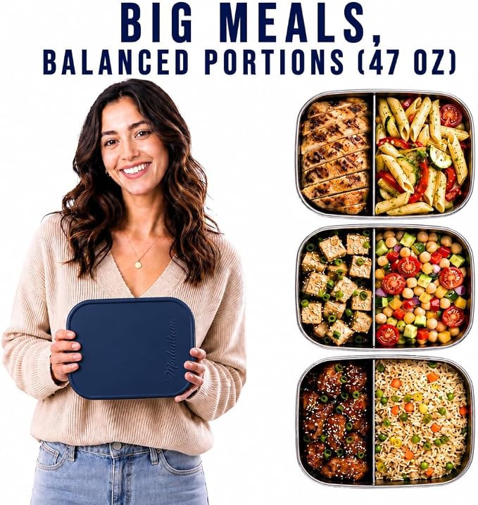 Modaniam Flexibento - Leak proof Stainless Steel Lunch Box Containers with Silicone Lids, Steel Bento Box, Metal lunch Box, Navy-47OZ-Set Of 2