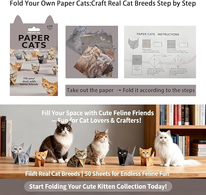 New 2026 DIY Paper Cat Origami Kit 50 Sheets DIY Origami Paper to Fold Cute Cat Figures Desk Decoration & Gift for Cat Lovers