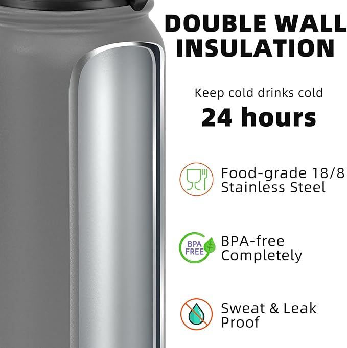 Fanhaw 24 oz Insulated Stainless Steel Water Bottle with Anti-Dust Chug Lid, Leakproof Vacuum Metal Everyday Use Bottle for Kids, Teens & Adults, Back to School Essentials (Gray)