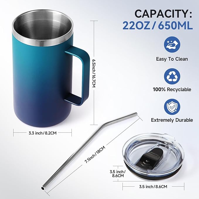 Volhoply 22oz Insulated Stainless Steel Coffee Mug with Leakproof Lid,Double Wall Vacuum Travel Coffee Cup with Handle,Reusable Metal Tumbler,Camping Mugs Keep Hot&Cold(Dark Night,1)