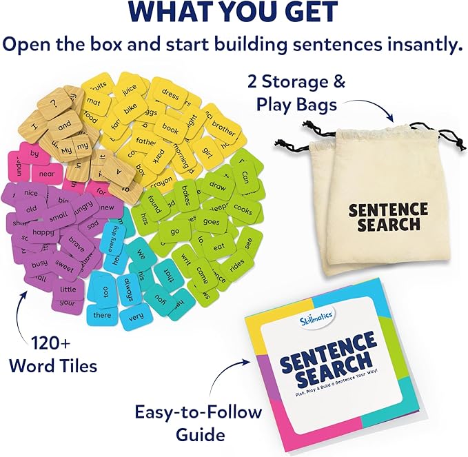 Skillmatics Educational Board Game - Sentence Search, Learning Toy for Kids, Sentence Building Activity, Creative Word Play, Screen-Free Fun, 120+ Tiles (1.3 x 1 Inches), Gifts for Ages 5, 6, 7, 8