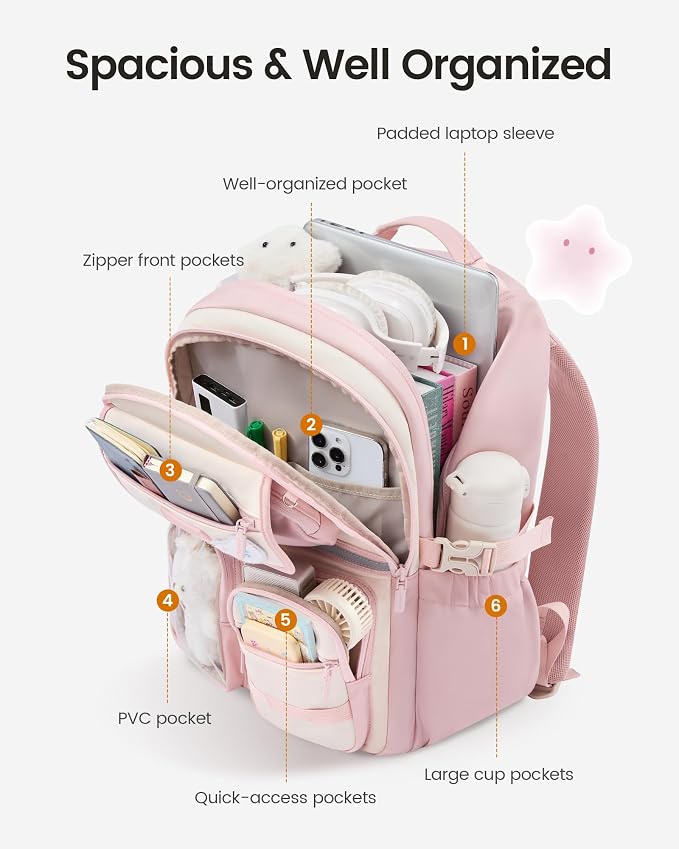LOVEVOOK School Backpack for Girls, Cute Bookbag for Teen 8-16, DIY Friendly 15.6" Laptop Backpack for Middle High College Student Back to School, Bag with Water Bottle Pocket for Travel,Purple