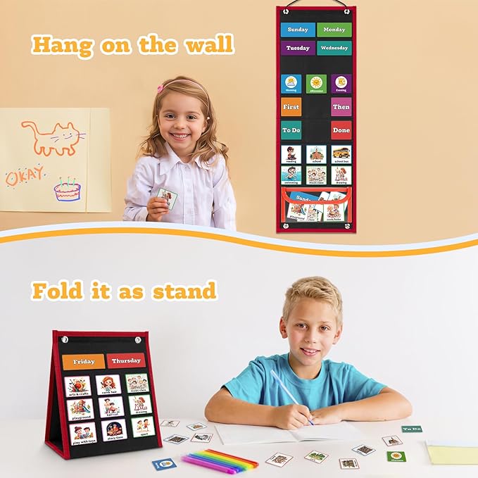 PITCOTT Visual Schedule for Kids Chore Chart，2 in 1 Daily Schedule Board Routine Pocket Chart Cards for Toddlers,Autism Learning Materials Tool Wall Planner for Home School with 103 Cards （Black）