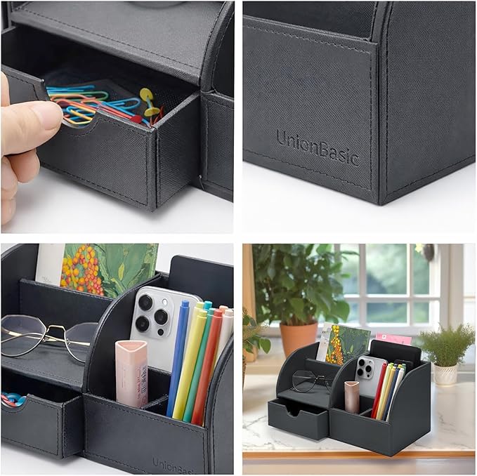 UnionBasic Desk Organizer - Multifunctional Leather Desktop Pen Holder Storage Box - Business Card/Pen/Pencil/Mobile Phone/Stationery Holder, Taiga Dark Gray