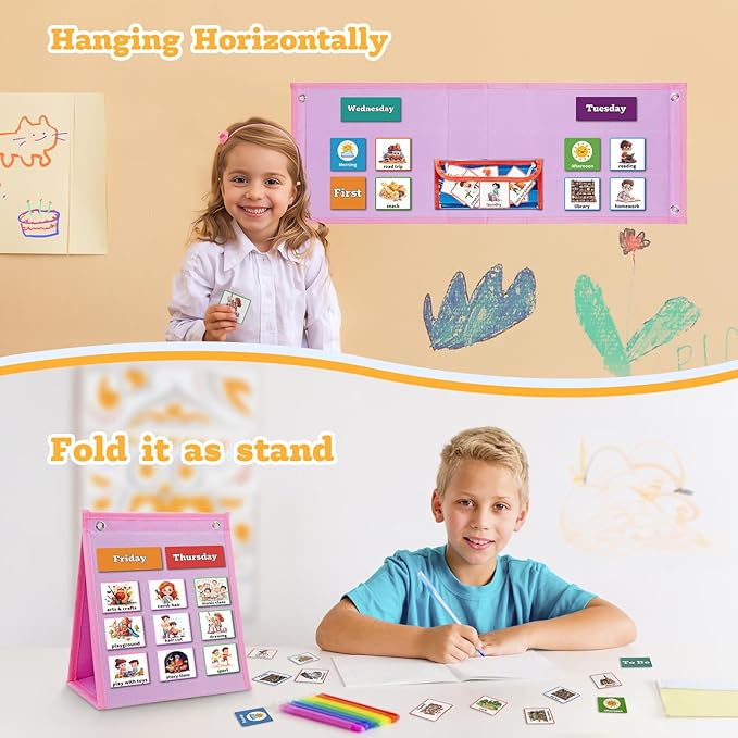 PITCOTT Visual Schedule for Kids Chore Chart，3 in 1 Daily Schedule Board Routine Pocket Chart Cards for Toddlers,Autism Learning Materials Tool Wall Planner for Home School with 103 Cards （Pink）