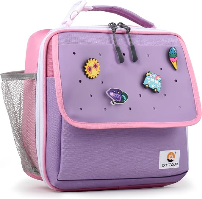 CaCTOUR Lunch Box Kids,Fun Color Lunch Box for Girls,Large Soft Cooler Lunch Bag for Kids,Back to School Thermal Insulated Lunch Tote Bag for School Daycare Outdoor (Light Purple)