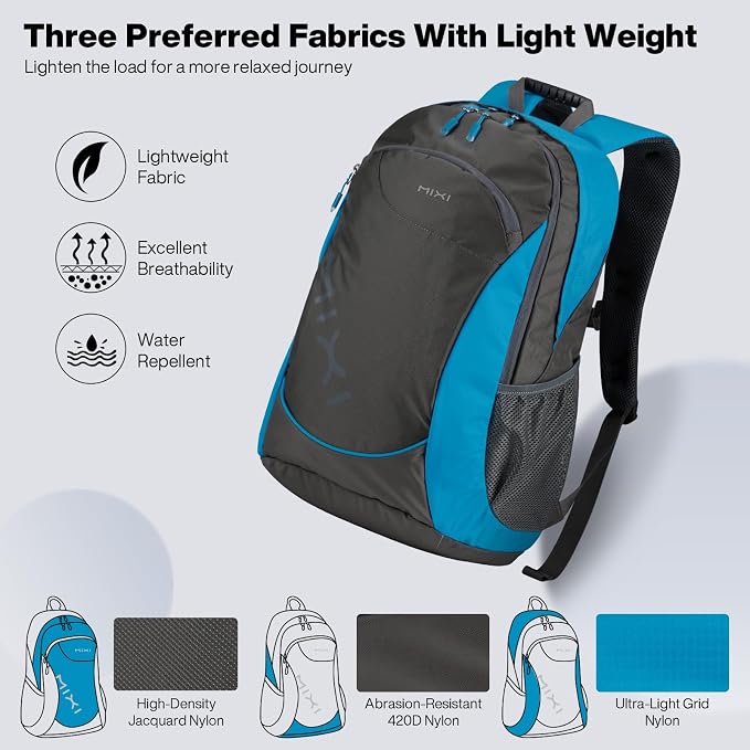 mixi 31L Ultra Lightweight Waterproof Travel Backpack, 18 inch Casual Daypack for Men Women, Durable Spacious Bag for Travel, Sports, Camping, Hiking & College, Blue