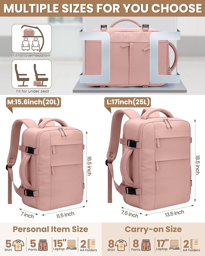 Pritent Travel Backpack for Women Man, Waterproof Personal Item Travel Bag Airline Approved Laptop Backpack Bookbag Weekender bags for Business,Travel, Work Fits 15.6 inch Laptop(Medium,Pink)