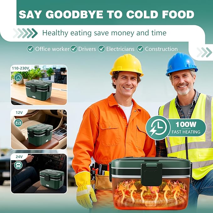 Electric Lunch Box for Adults, 2.8L Double Layer 100W Fast Heated Lunch Box, Heating Food Heater Warmer for Home Office Car Truck Use, Extra Large Lonchera Electrica Portátil 12/24V/110-230V, Green