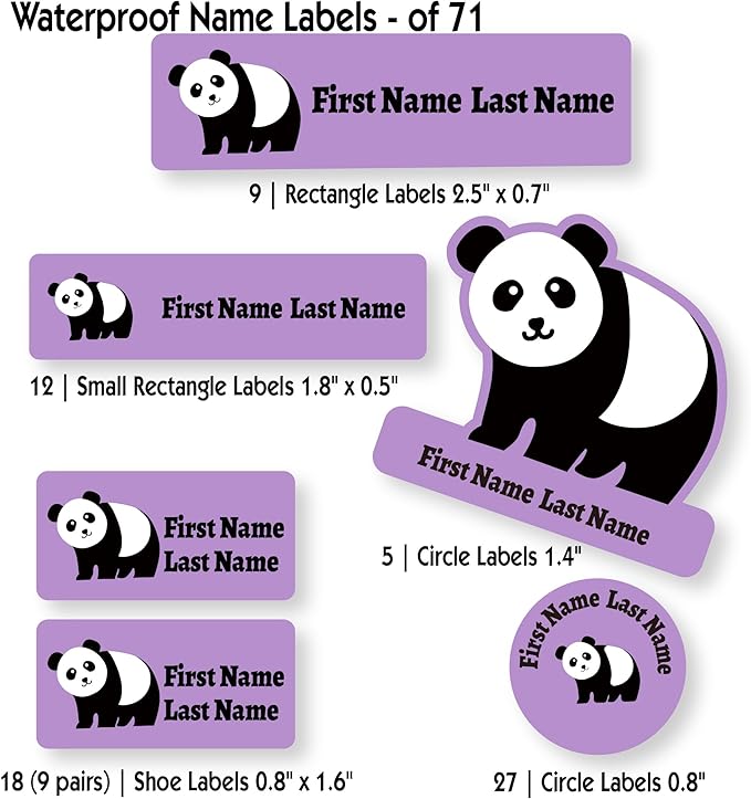 Personalized Kids Name Labels – Waterproof Custom Stickers for Daycare & School, Dishwasher & Laundry Safe (Panda - Purple)