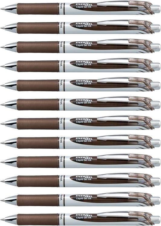 Pentel EnerGel RTX Retractable Liquid Gel Ink Pen, (0.7mm) Medium line, Sepia Ink, Box of 12 Pens (BL77-SP)