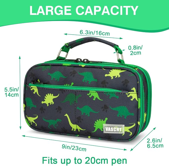 VASCHY Pencil Case for Boys, Aesthetic Kawaii Large Pencil Pouch Stationary Pencil Bag/Box for Preppy Kids, Pen Organizer Holder School Supply Black Dinos