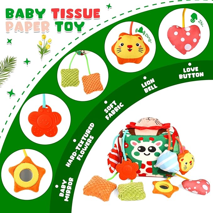 YOGINGO Montessori Toys for 1 Year Old - Tissue Box Baby Toys, Soft Stuffed High Contrast Crinkle Infant Sensory Toys, Boys&Girls Kids Early Learning Gifts