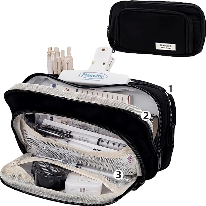 Big Capacity Pencil Case 3 Compartments Large Pencil Pouch Pen Bag Pencil Box Holder Organizer Simple Storage Aesthetic Stationery Cosmetic for Adults Men Women Office Essentials (Black)