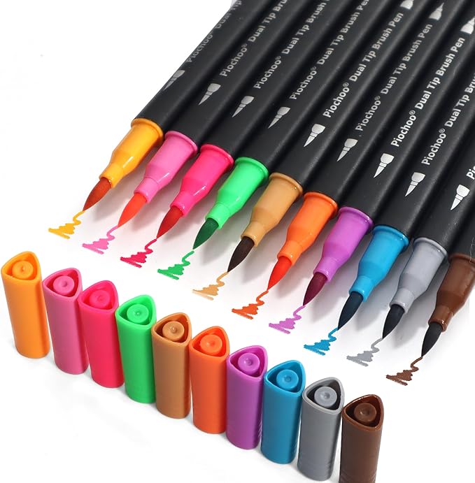 Piochoo Coloring Markers Pens, 34 Dual Tip Brush Pens, Fine Point Marker set for Adult Coloring Book, Bullet Journaling, Drawing