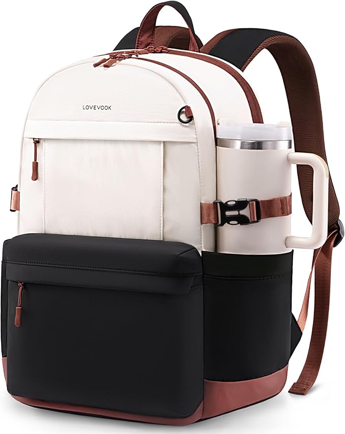 LOVEVOOK Laptop Backpack for Women with Giant Tumbler Holder,17.3 Inch Laptop Computer Bag Travel Backpack Purse,Waterproof Work Business Backpack College Bookbag Teacher Bags,Beige-Black-Brown