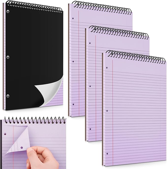 MotiMind 3 Pack 8.5" x 11" Top Spiral Notebook with 3 Hole Punched Purple Legal Pads College Ruled Notepad 50 Sheets Hard Cardboard Paper Wirebound Notepad for Office School Business