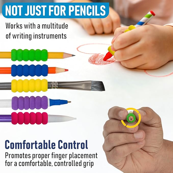 Pencil Grip The Classics Ridged Foam Grip 12 Pack – Ergonomic Writing Aid for Kids & Adults, Soft & Comfortable, Fits Pens, Pencils, Crayons, Right or Left Handed, Assorted Colors, Classroom Supplies