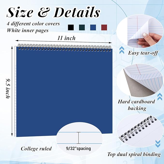MotiMind 4 Pcs Legal Pads Landscape Notebooks Hole Punched Top Spiral Bound Notebooks 11 x 9.5 Inch College Ruled Drawing Notepad Tear Line for Removal 50 Sheet Office Steno Book(Multicolor,White)