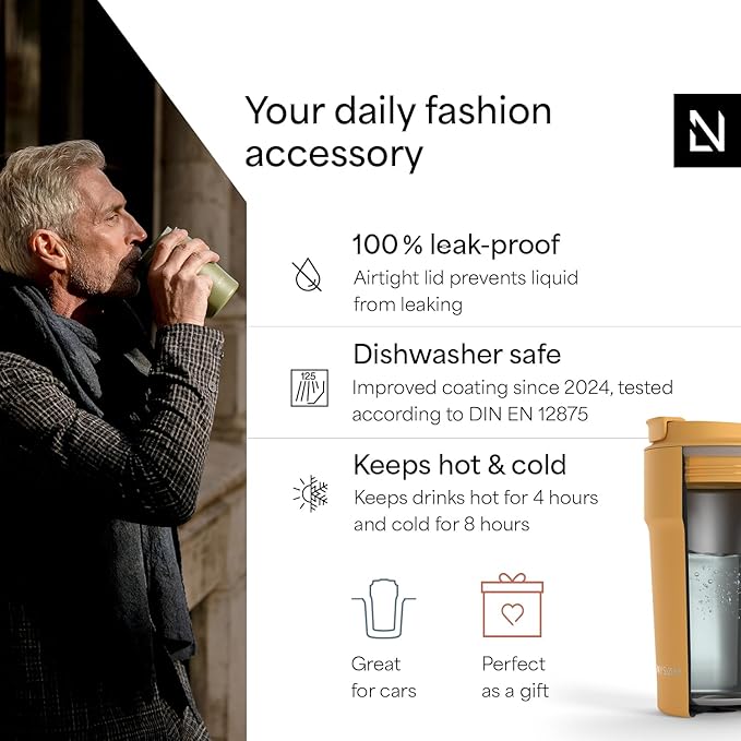 LARS NYSØM Thermo Coffee Mug to go 17oz | Travel Mug 0.5 Liter with Insulation | Leak Proof Stainless Steel Thermal Tumbler for Coffee and Tea on the Go (Mustard Yellow, 17oz)