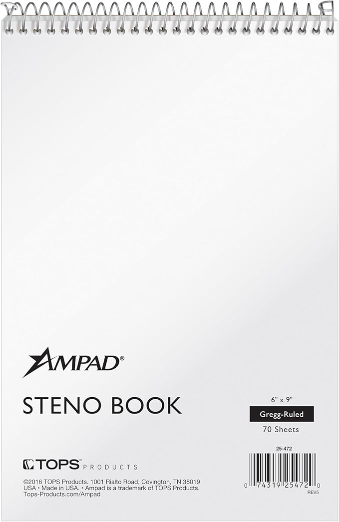 AMPAD Steno Book, 6" x 9", Gregg Rule, White Cover, 70 Sheets, 12 Pack (25-472)