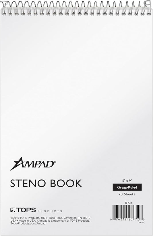 AMPAD Steno Book, 6" x 9", Gregg Rule, White Cover, 70 Sheets, 12 Pack (25-472)