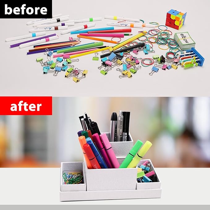 Desk Organizer,Office Desk Accessories,Paperboard Desktop Organizer with Pen Pencil Holder and Sticky Note Tray,Paperclip Storage, White