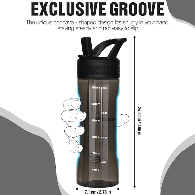 OLDLEY 20oz Kids Water Bottle with Straw, BPA-Free Tritan Water Bottle for School, Leakproof Clear Water Bottle with One Click Open, Measurement Scale, Cup Holder Friendly for Boys Girls,Black
