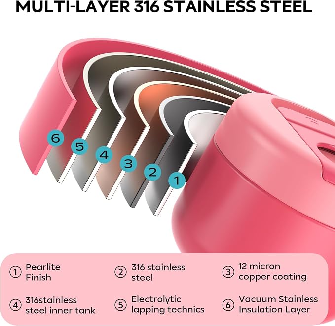 14 oz Kids Thermo for Hot Food, Leakproof Insulated Vacuum Jar/Pink | 316 stainless steel wide mouth buckle lid BPA free pasta soup small hand friendlly keep food hot and cold school lunch picnic