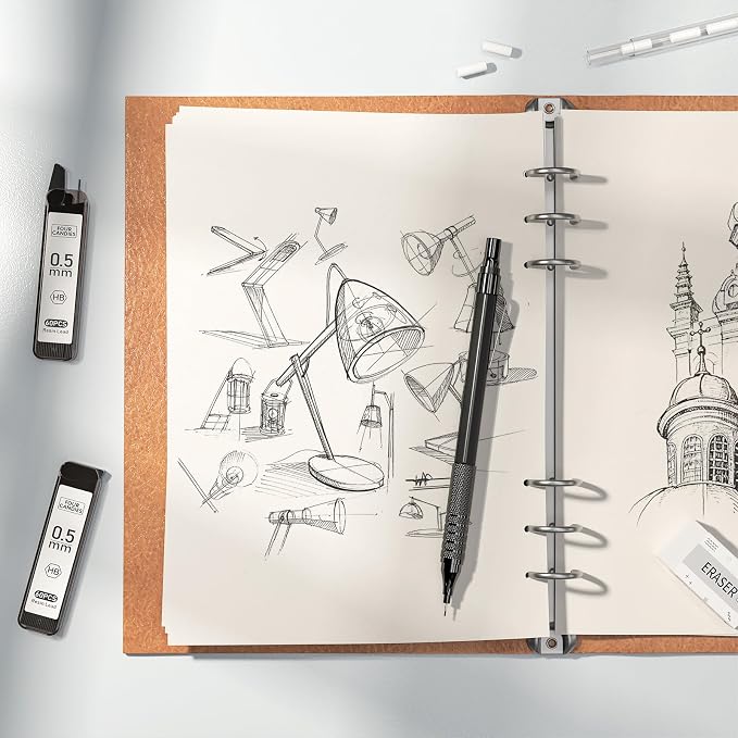 4PCS Metal Mechanical Pencil Set, 0.5mm+0.7mm, Storage Case, Black＆Silver | 480 Lead Refills, 3 Erasers, 9 Eraser Refills, Smooth Writing, Anti Grip, for Sketching, Technical Drawing, Art Projects