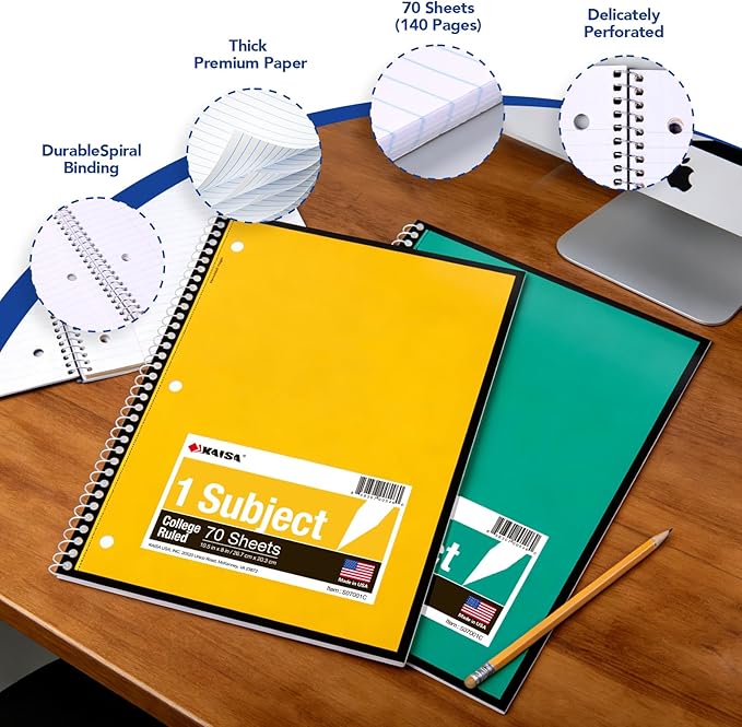 KAISA 1 Subject Spiral Notebooks, 6 Vibrant Color Options, 8 Pads Per Color – Abundant Stock for All Your Needs 70 Sheets College Ruled 10.5"x8" Paper, Note Books Home School Supplies for Students Office, 1Carton of 48pcs