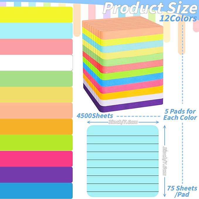 60 Pads Round Corner Lined Sticky Notes 3x3 in Post, 12 Bright Colors Self-Stick Note Pads it, Strong Adhesive Paper Memo Pads, 75 Sheets/Pad, Colored Note Pad Easy to Post for Home, Office, Notebook