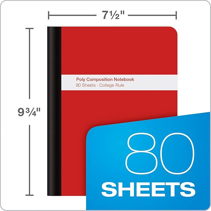 Oxford Poly Composition Notebook 4 Count, College Ruled Paper, 9-3/4 x 7-1/2 Inches, 80 Sheets, Assorted Colors: Blue, Green, Purple, Red (64958) (Pack of 6)