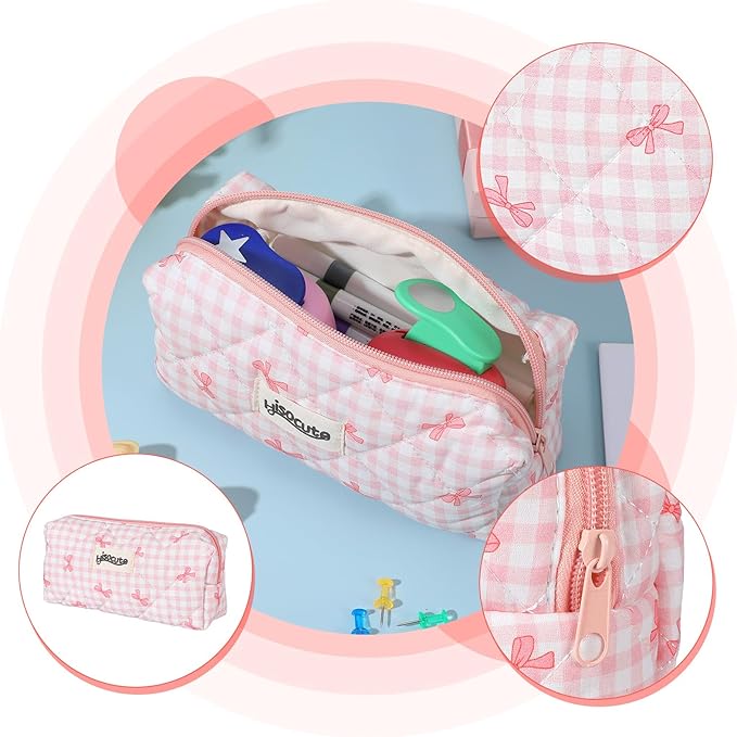 Ymapinc Pink Pencil Pouch, Soft Zipper Bow Bag, Cute Pink White Aesthetic Zipper Checkered Quilted Pencil Case for Women Ideal Makeup Bag