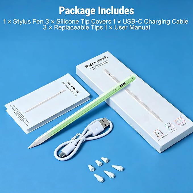 Stylus Pen for iPad 2018-2026, 2X Fast Charge Active Pencil with Tilt Sensitivity & Palm Rejection, iPad 11/10/9/8/7/6/A16, Air M4/M3/M2, Pro M5/M4, Mini 7/6/5 (Green)