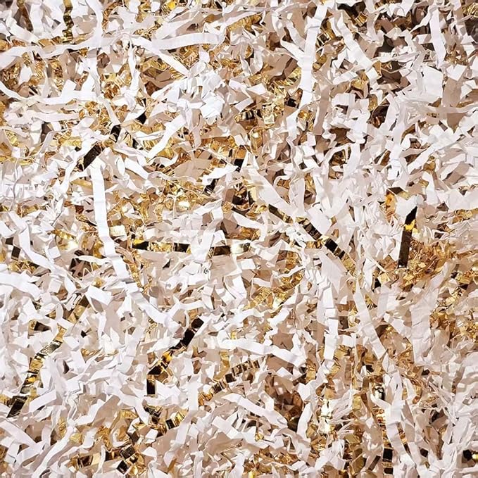 GoooodGift - 3 oz - Gold & White - Crinkle Cut Paper Shred Filler great for Gift Wrapping, Birthdays, Basket Filling