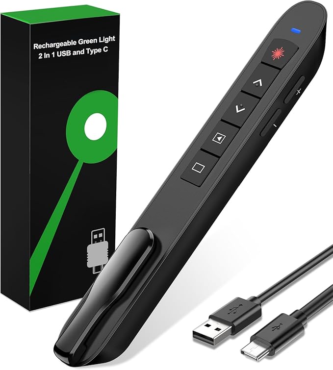 Green Light Clicker for Teachers–USB-C Rechargeable Presentation Clicker, Plug & Play Wireless Remote for PowerPoint/Keynote/Google Slides on Mac, Windows & Laptop, with Hyperlink & Volume Control
