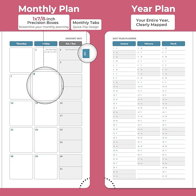 Planner 2026-2027 Daily Weekly and Monthly,6.5"x3.75",18 Months Spiral Bound Calendar Agenda with Self-adhesive Pen Holder,2026 Academic Plan with Vegan Leather Soft Cover,Rose Red