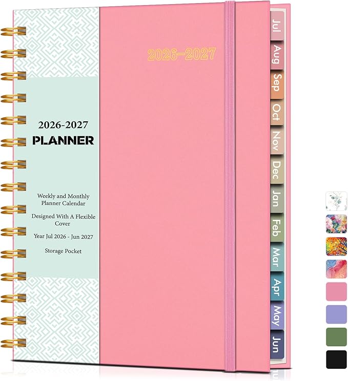 Academic Planner 2026-2027, Weekly and Monthly Calendar Planner from July 2026 - June 2027, 6.1" x 8.2" A5 Large Daily Agenda Book with Tabs, Flexible Cover, College School Organizer for Student Teacher,Pink