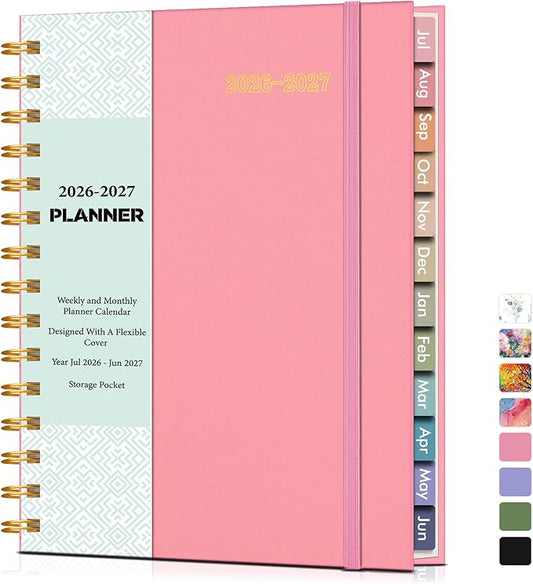Academic Planner 2026-2027, Weekly and Monthly Calendar Planner from July 2026 - June 2027, 6.1" x 8.2" A5 Large Daily Agenda Book with Tabs, Flexible Cover, College School Organizer for Student Teacher,Pink