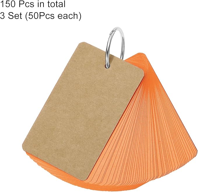 PATIKIL Blank Index Cards with Ring, 150Pcs Colored Blank Flash Card 3.5" x 2" Note Card Study Card for Memory Learning Studying Office Supplies, Orange