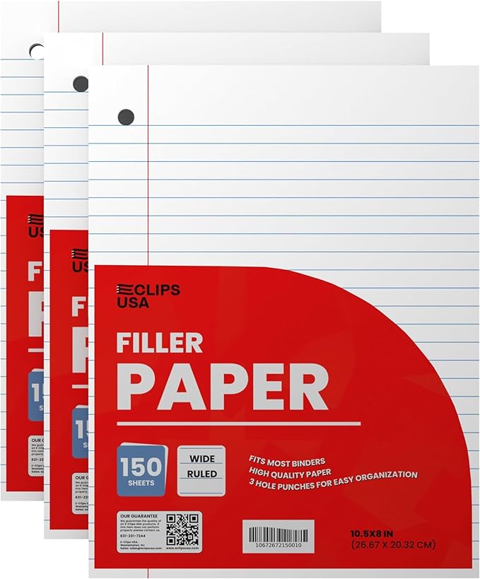 Wide Ruled Loose Leaf Paper Wide Ruled Notebook Paper Lined Writing Filler Paper 10.5” x 8” 56 gsm 450 Sheets 150 Sheet Per Pack (3 Pack)