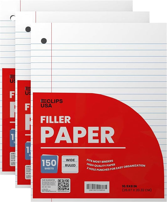 Wide Ruled Loose Leaf Paper Wide Ruled Notebook Paper Lined Writing Filler Paper 10.5” x 8” 56 gsm 450 Sheets 150 Sheet Per Pack (3 Pack)