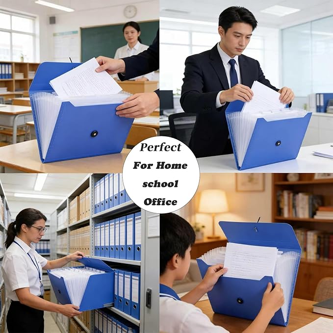 A4 Paper Document Organizer Expanding File Folder with 13 Pockets Accordion File Holder with Tabs for Home School Office, Blue Plastic Material